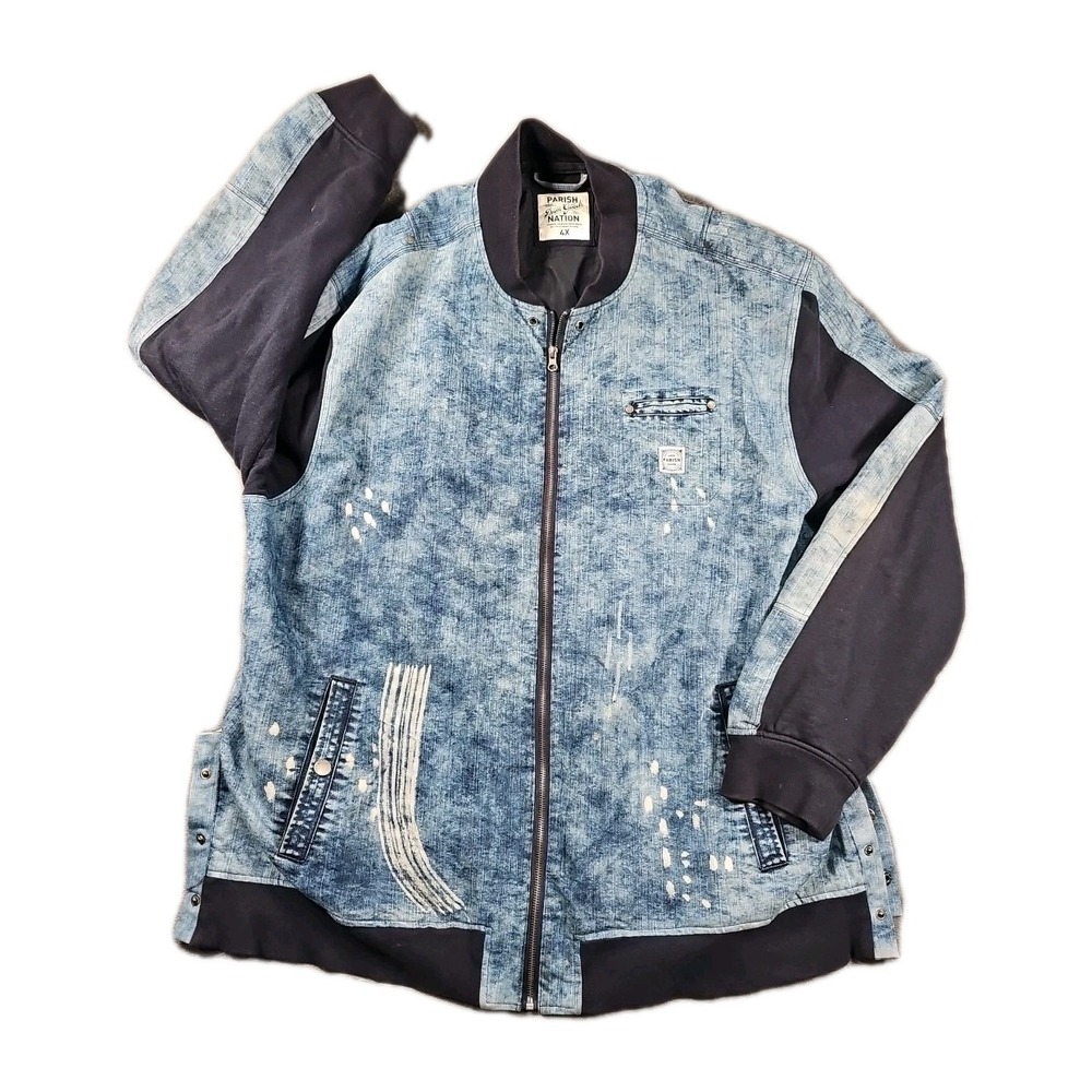 Parish Nation‎ Men's 4XL Distressed Denim Jacket Snap Pockets Bomber Full Zip